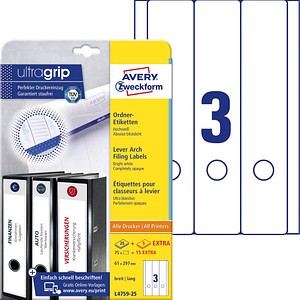 AKTION: 75 AVERY Zweckform Ordneretiketten L4759-25 weiß für 7,0 - 8,0 cm Rückenbreite + GRATIS 15 Etiketten AKTION: 75 AVERY Zweckform Ordneretiketten L4759-25 weiß für 7,0 - 8,0 cm Rückenbreite + GRATIS 15 Etiketten