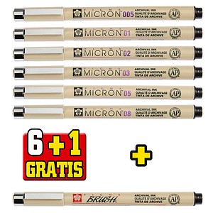 6 + 1 GRATIS: Sakura Pigma Micron Fineliner-Set schwarz, 6 St. + GRATIS Brush-Pen