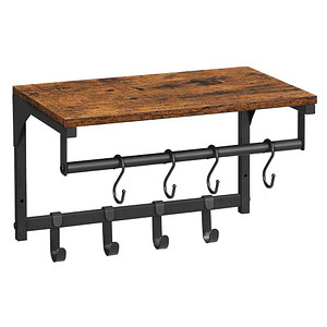 0194343027876 - Wandregal Wandregal mit 8 abnehmbaren Haken hängendes Wandregal mit Kleiderstange für Flur Schlafzimmer Vintage-Braun Schwarz LCR103B01