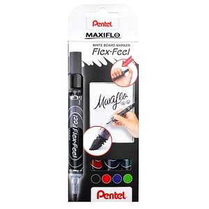 5902894021794 - Whiteboardmarker Pentel Maxiflo Flex-Feel Rundspitze mit variabler Strichstärke Pumpsystem farbsortiertes 4er-Set mit Halterung Magnet & Schwamm