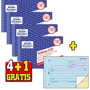 4 + 1 GRATIS: 4 AVERY Zweckform Quittung, MwSt. separat ausgewiesen Formularbücher 1735-5 + GRATIS 1 St.