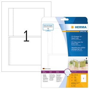 4008705050364 - HERMA CD-Einleger für Jewelcase A4 151x118 mm weiß Karton perforiert nicht klebend 25 St - Weiß - Nicht klebendes Druckeretikett - A4 - Karton - Laser Inkjet - Rechteck