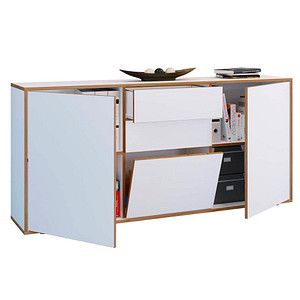 4051814444944 - Holz Kommode Sideboard mit Drehtüren Schubladen und einer Klappe Büromöbel Maße ca H 74 x B 160 x T 33cm - Salia