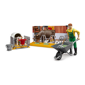 bruder bworld 62611 Kuh- und Kälberstall mit Landwirt Spielfiguren-Set