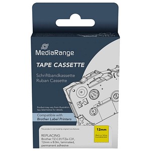 4260664874201 - Mediarange - Plastic tape cassette for label printers using Brother TZ-C31 TZe-C31 permanent adhesive 12mm 8m laminated black on yellow