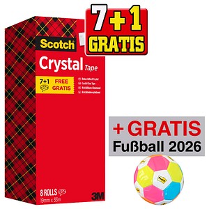 7 + 1 GRATIS: Scotch Crystal Klebefilm kristall-klar 19,0 mm x 33,0 m 7 Rollen + GRATIS Fußball 2026