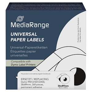 4260459618775 - Etiketten kompatibel zu Dymo 99012S0722400 260 Etiketten 36 x 89 mm (H x B) schwarz auf weiß 4260459618775 MediaRange 4260459618775 - Etiketten kompatibel zu Dymo 99012S0722400 260 Etiketten 36 x 89 mm (H x B) schwarz auf weiß 4260459618775 MediaRange