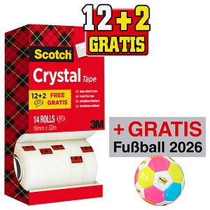 12 + 2 GRATIS: Scotch Crystal Klebefilm kristall-klar 19,0 mm x 33,0 m 12 Rollen + GRATIS 2 Rollen + GRATIS Fußball 2026