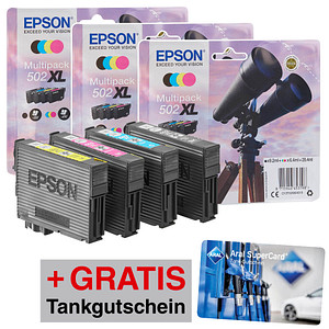 AKTION: EPSON 502XL/T02W64  schwarz, cyan, magenta, gelb Druckerpatronen, 12er-Set  + GRATIS Aral Tankgutschein 15 €