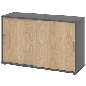 4032062306260 - Schiebetürschrank Breno abschließbar Spanplatte melaminharzbeschichtet B 1200 x T 400 x H 748 mm 2 Ordnerhöhen Graphit Eiche