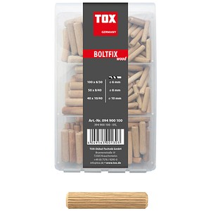 4049563046991 - Holzdübel Sortiment 190 tlg Boltfix wood 100x 6x30 mm 50x 8x40 mm 40x 10x40 mm Riffeldübel aus massiver Buche - TOX 4049563046991 - Holzdübel Sortiment 190 tlg Boltfix wood 100x 6x30 mm 50x 8x40 mm 40x 10x40 mm Riffeldübel aus massiver Buche - TOX