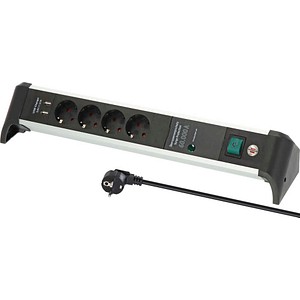 4007123677047 - Brennenstuhl Alu-Office-Line 4-fach Steckdosenleiste 2 USB-Ladebuchsen Überspannungsschutz bis 60000 A 45°-Anordnung 18 m Kabel L 480 x B 105 x T 105 mm schwarz silber