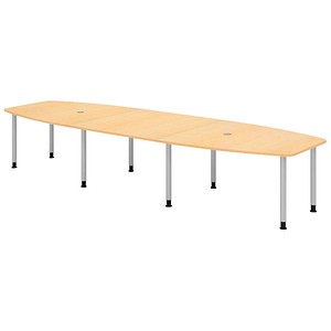 Hammerbacher Konferenztisch K-Serie, manuell höhenverstellbar 72-74cm (H), 400cmx85/130cm (BxT), 14 Personen, Tonnenform, ahorn / silber 4032 12 Stück