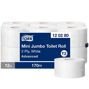 TORK Toilettenpapier Mini Jumbo T2 Advanced 2-lagig Recyclingpapier, 12 Rollen