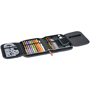 4003273682177 - Federmäppchen befüllt schwarz 9 dicke Markenbuntstifte 2 Markenbleistifte Lineal 16 cm Metalldoppelspitzer Radiergummi Geldfach mit Klettverschluss Stundenplan Zeichenschablone 195 x 35 cm