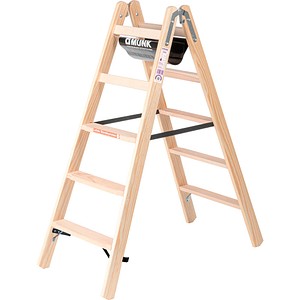 4031405338104 - Munk® Holz-Stufen-Stehleiter Nadelschnittholz Buche 80 mm geriffelt Hufeisenscharniere 150 kg Eimerhaken Textilgurt-Spreizsicherung 2x5 Stufen