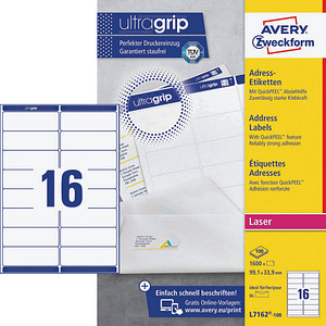 5701044461028 - AVERY Zweckform Abziehhilfe QuickPEEL ultragrip Adressetiketten L7162-100 Selbsthaftend DIN A4 Weiß 991 x 339 mm 100 Blatt à 16 Etiketten 5701044461028 - AVERY Zweckform Abziehhilfe QuickPEEL ultragrip Adressetiketten L7162-100 Selbsthaftend DIN A4 Weiß 991 x 339 mm 100 Blatt à 16 Etiketten