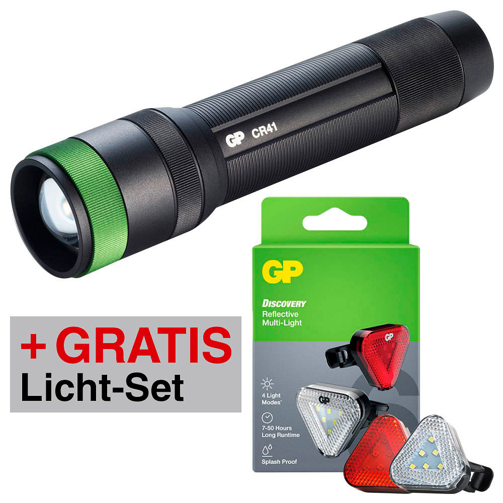 AKTION: GP CR41 LED Taschenlampe schwarz 13,5 cm + GRATIS GP Multi Licht  Set 2 tlg. | office discount