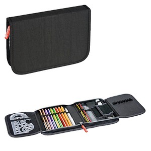 4003273682177 - Federmäppchen befüllt schwarz 9 dicke Markenbuntstifte 2 Markenbleistifte Lineal 16 cm Metalldoppelspitzer Radiergummi Geldfach mit Klettverschluss Stundenplan Zeichenschablone 195 x 35 cm