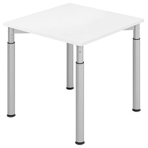 HAMMERBACHER Mirakel höhenverstellbarer Schreibtisch weiß quadratisch, 4-Fuß-Gestell silber 80,0 x 80,0 cm