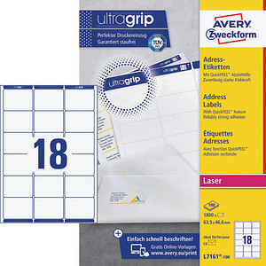 5701044461011 - AVERY Zweckform Abziehhilfe QuickPEELultragrip Adressetiketten L7161-100 Selbsthaftend DIN A4 Weiß 635 x 466 mm 100 Blatt à 18 Etiketten 5701044461011 - AVERY Zweckform Abziehhilfe QuickPEELultragrip Adressetiketten L7161-100 Selbsthaftend DIN A4 Weiß 635 x 466 mm 100 Blatt à 18 Etiketten