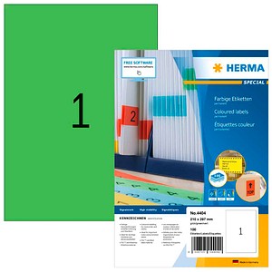 4008705044042 - HERMA Farbige Etiketten A4 210x297 mm grün Papier matt 100 St - Grün - Selbstklebendes Druckeretikett - A4 - Papier - Laser Inkjet - Dauerhaft