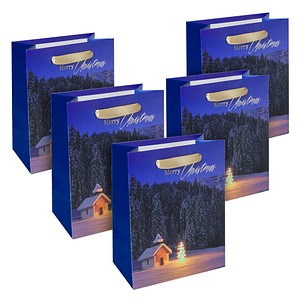 4004360769146 - Geschenktasche Christmas Chapel Weihnachts-Motiv Bodeneinlage Seidenbandgriffe B 180 x T 100 x H 230 mm Weißkarton Kunststoff blau 1 Stück