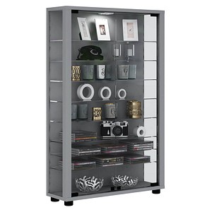 4051814336928 - Ebuy24 - Lumo Mini Vitrinenschrank 2 Glastüren Glasvitrinen mit LED-Leuchten Silberfarbig - Silber