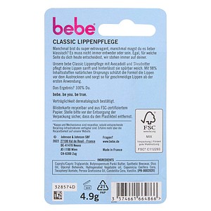 3574661664866 - bebe® CLASSIC Lippenpflege farblos 49 g Praktischer Lippenpflegestift für zarte Lippen 1 x Lippenpflegestift - be you be true