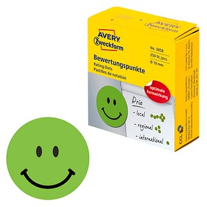 4004182038581 - 3858 Bewertungspunkt lachender Smiley - Ø 19 mm Spender mit 250 Etiketten grün 4004182038581 Zweckform 250 Stück 4004182038581 - 3858 Bewertungspunkt lachender Smiley - Ø 19 mm Spender mit 250 Etiketten grün 4004182038581 Zweckform 250 Stück