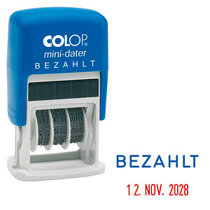 COLOP Datumstempel mit Text "Bezahlt" Mini-Dater S 160/L selbstfärbend blau rot