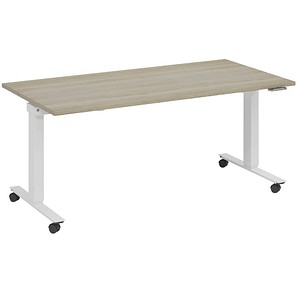 4260672334704 - fm Slimfit elektrisch höhenverstellbarer Schreibtisch eiche verkehrsweiß rechteckig T-Fuß-Gestell mit Rollen weiß 1800 x 800 cm