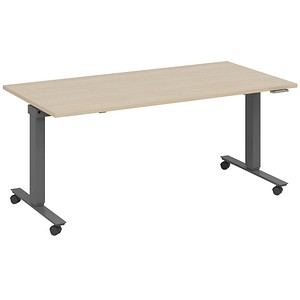 4260672334889 - fm Slimfit elektrisch höhenverstellbarer Schreibtisch ahorn anthrazit metallic rechteckig T-Fuß-Gestell mit Rollen grau 1400 x 800 cm