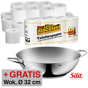 AKTION: office discount Toilettenpapier 3-lagig 168 Rollen + GRATIS Silit Tisch & Party Wok 32 cm