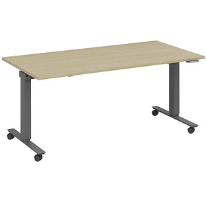 4260672334872 - fm Slimfit elektrisch höhenverstellbarer Schreibtisch akazie anthrazit metallic rechteckig T-Fuß-Gestell mit Rollen grau 1400 x 800 cm