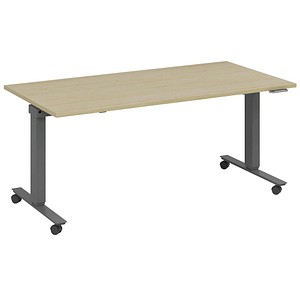 4260672334971 - fm Slimfit elektrisch höhenverstellbarer Schreibtisch akazie anthrazit metallic rechteckig T-Fuß-Gestell mit Rollen grau 1800 x 700 cm