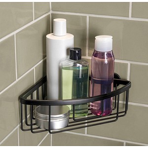 4063565111440 - Aluxx black Eck-Duschablage zur Wandmontage ohne Bohren schwarz matt - einstöckig - für Bäder im Industrial Style und moderne Badezimmer - mit