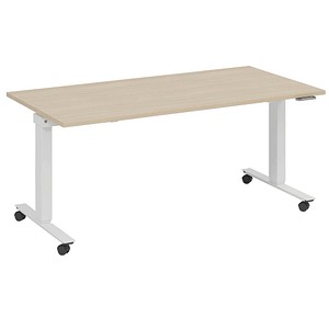 fm Slimfit elektrisch höhenverstellbarer Schreibtisch ahorn, verkehrsweiß rechteckig, T-Fuß-Gestell mit Rollen weiß 180,0 x 80,0 cm