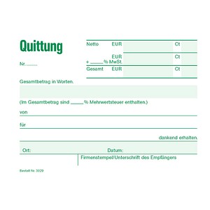 RNK-Verlag Quittung mit MwSt. separat ausgewiesen, mit fortlaufenden Nummern Formularbuch 3029