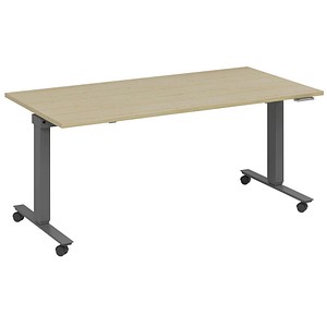 4260672334674 - fm Slimfit elektrisch höhenverstellbarer Schreibtisch akazie anthrazit metallic rechteckig T-Fuß-Gestell mit Rollen grau 1800 x 800 cm