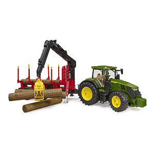 bruder John Deere 7R 350 Traktor mit Rückeanhänger und 4 Baumstämmen 03154 Spielzeugauto