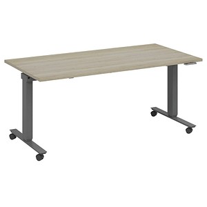 4260672334759 - fm Slimfit elektrisch höhenverstellbarer Schreibtisch eiche anthrazit metallic rechteckig T-Fuß-Gestell mit Rollen grau 1600 x 800 cm