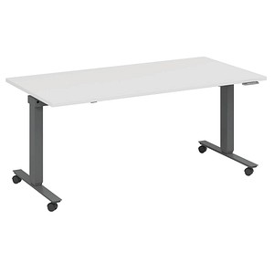 4260672334766 - fm Slimfit elektrisch höhenverstellbarer Schreibtisch weiß anthrazit metallic rechteckig T-Fuß-Gestell mit Rollen grau 1600 x 800 cm