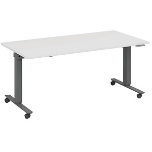 4260672334964 - fm Slimfit elektrisch höhenverstellbarer Schreibtisch weiß anthrazit metallic rechteckig T-Fuß-Gestell mit Rollen grau 1800 x 700 cm