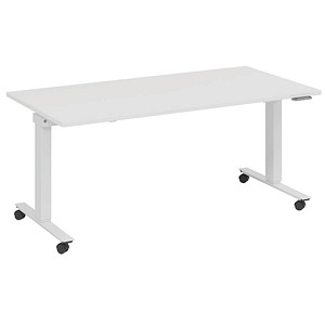 4260672334919 - fm Slimfit elektrisch höhenverstellbarer Schreibtisch weiß verkehrsweiß rechteckig T-Fuß-Gestell mit Rollen weiß 1400 x 800 cm