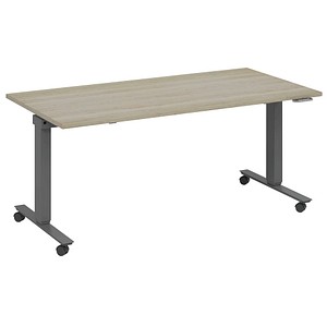 4260672334858 - fm Slimfit elektrisch höhenverstellbarer Schreibtisch eiche anthrazit metallic rechteckig T-Fuß-Gestell mit Rollen grau 1400 x 800 cm