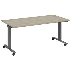 4260672334957 - fm Slimfit elektrisch höhenverstellbarer Schreibtisch eiche anthrazit metallic rechteckig T-Fuß-Gestell mit Rollen grau 1800 x 700 cm