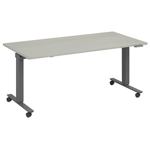 4260672334841 - fm Slimfit elektrisch höhenverstellbarer Schreibtisch lichtgrau anthrazit metallic rechteckig T-Fuß-Gestell mit Rollen grau 1400 x 800 cm