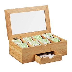 4052025274818 - Teebox Bambus Sichtfenster im Deckel 8 Fächer Teekiste mit Schublade Teebeutelbox HxBxT 11x33x20 cm natur - Relaxdays 4052025274818 - Teebox Bambus Sichtfenster im Deckel 8 Fächer Teekiste mit Schublade Teebeutelbox HxBxT 11x33x20 cm natur - Relaxdays