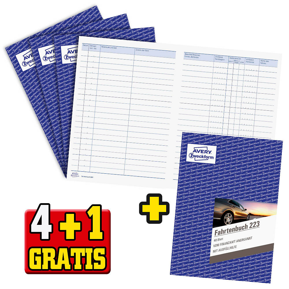 4 + 1 GRATIS: 4 AVERY Zweckform Fahrtenbuch, Pkw mit Jahresabrechnung  Formularbuch + GRATIS 1 St.
